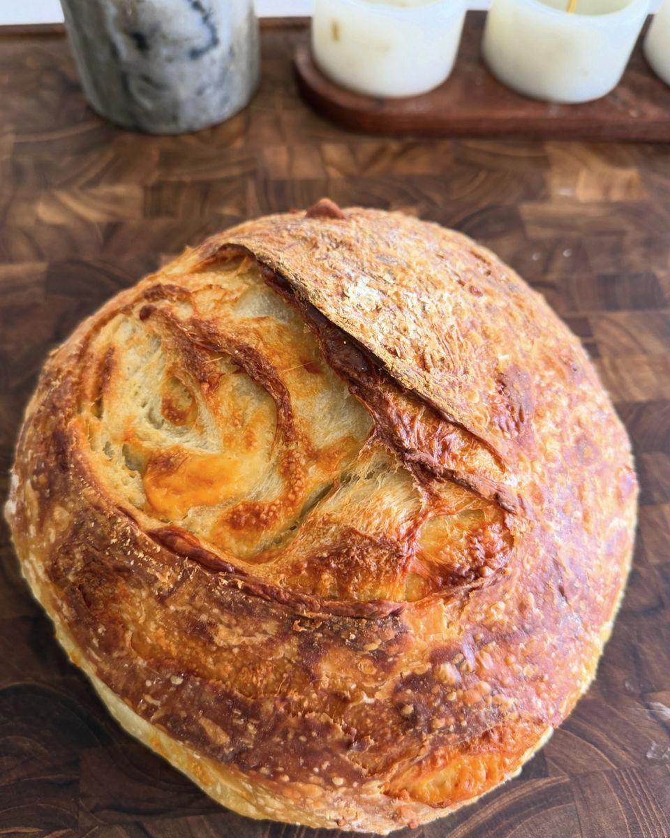 A golden cheddar sourdough boule with a deep score on an end-grain walnut board